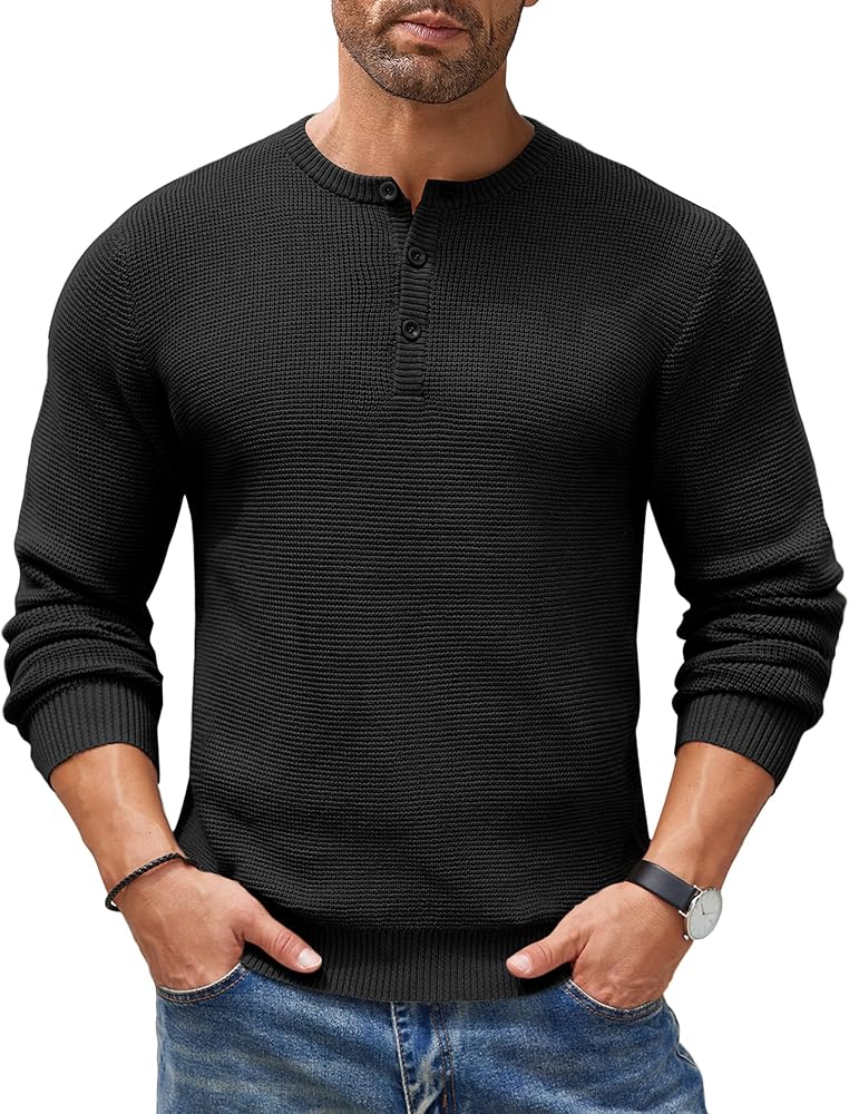 COOFANDY Men's Henley Knit Sweater Long Sleeve Button Pullover Sweater Casual Waffle Texture Fashion Henley Sweater