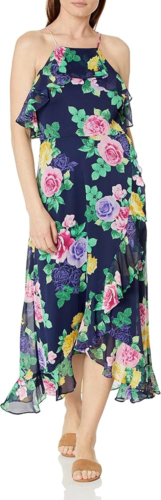 London Times Women's Petite Cold Shoulder Halter Hi-Low Maxi Dress with Feminine Ruffle Occasion Guest of Garden Party