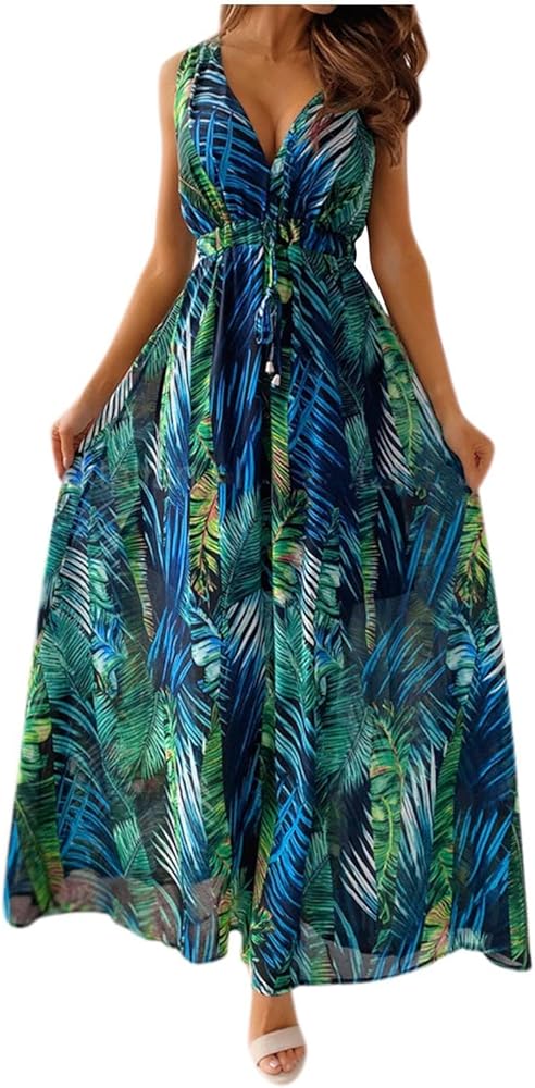 Beach Dresses for Women,2024 Summer Trendy V Neck Floral Printed Flutter Swing Maxi Tropical Vacation Outfits