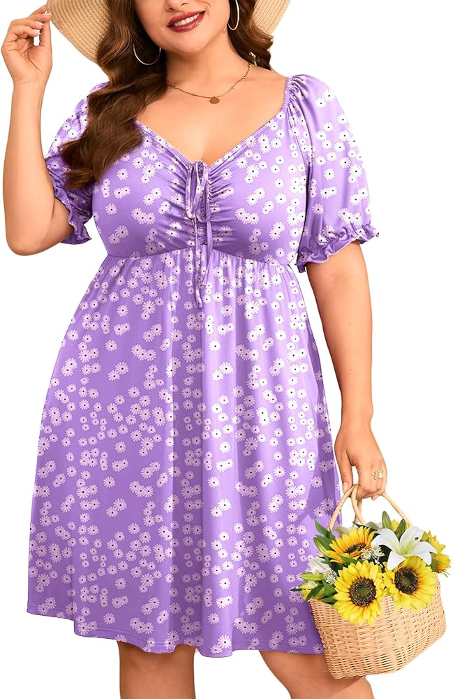 ZOMVA 2024 Plus Size Summer Dress Tie Front Sweetheart Neck Puff Short Sleeve Swing A Line Midi Causal Vacation Dresses