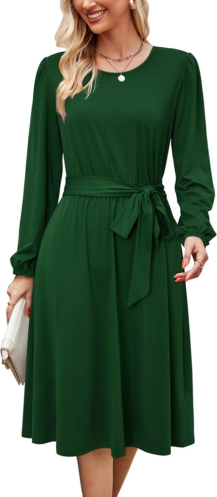 Newshows Women's 2024 Fall Winter Long Sleeve Dress Casual Work Tie Elastic Waist Belted Midi Dress with Pockets