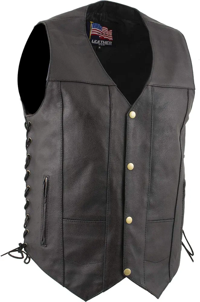 USA Leather 1204 Men's Black 'Dime' Classic Leather Ten Pocket Motorcycle Biker Vest with Side Laces - Medium