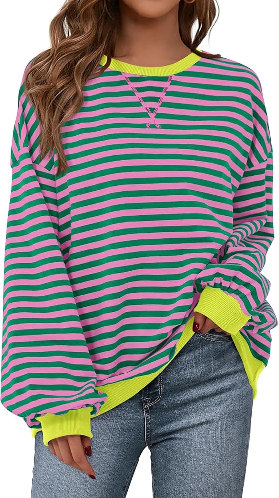 PRETTYGARDEN Womens Striped Oversized Sweatshirt Color Block Crew Neck Long Sleeve Casual Loose Pullover Top Y2K Clothes