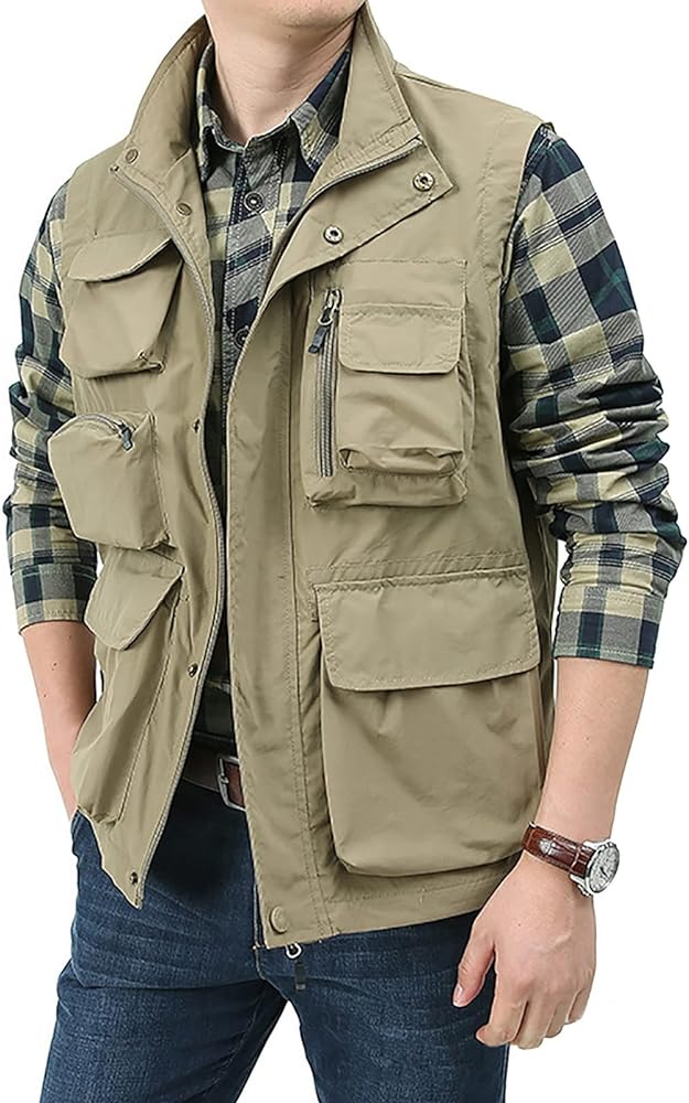 BOOMLEMON Men's Casual Outdoor Work Vest Safari Fishing Shooting Vests Lightweight Travel Cargo Jacket With Multi Pockets