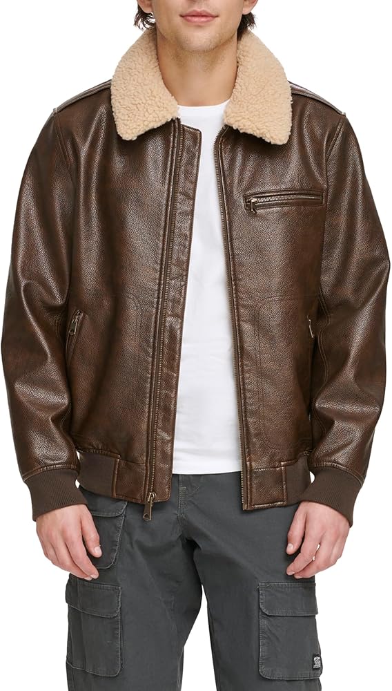 Levi's Men's Faux Leather Aviator Bomber Jacket with Sherpa Collar