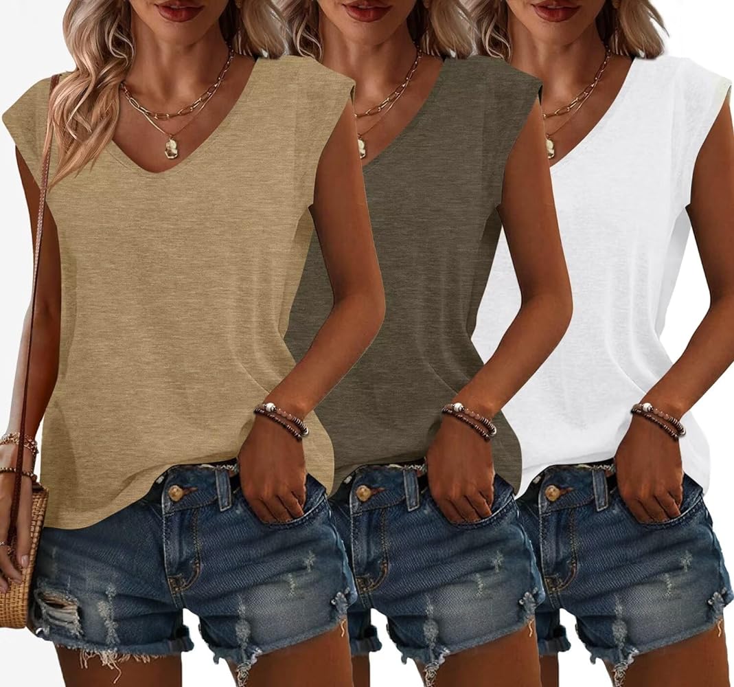 Bliwov 3 Pack Women's Cap Sleeve Tank Tops U Neck Spring Summer Tops Casual Loose Fit Basic Tee Shirts 2024 Fashion Clothes