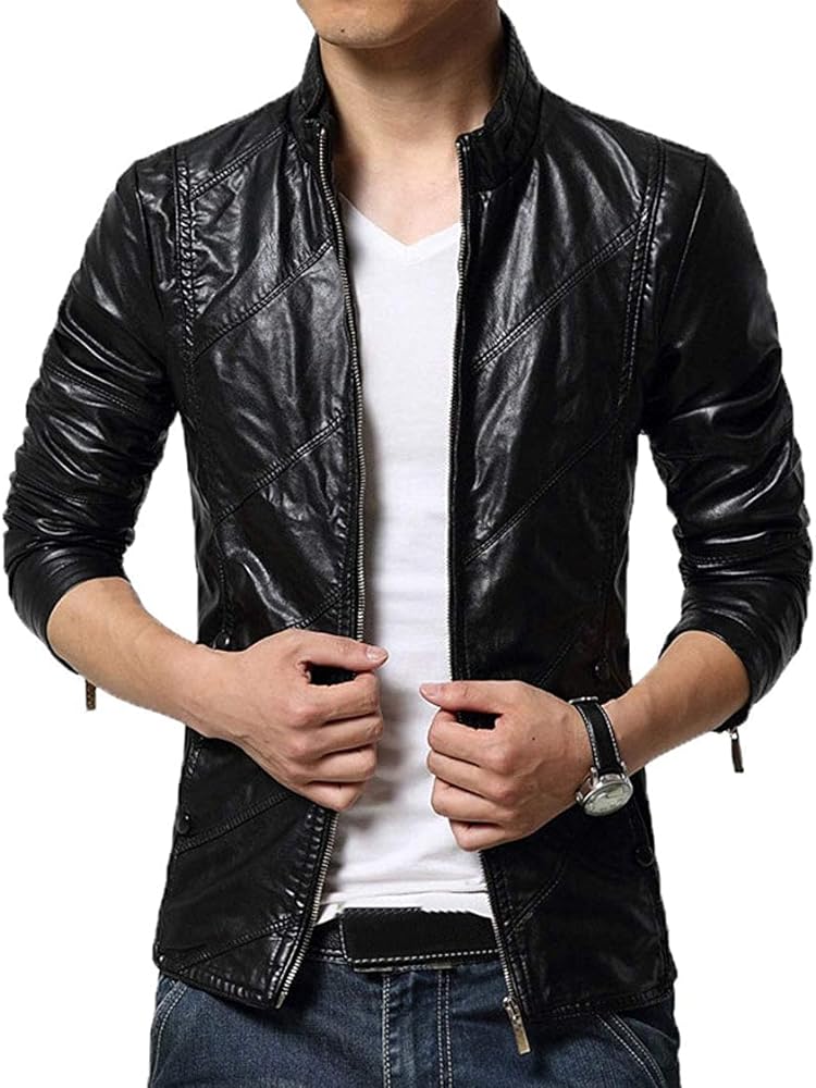 chouyatou Men's Cool Stylish Slim Fit Stand Collar Lightweight Bomber Faux Leather Jacket Coat