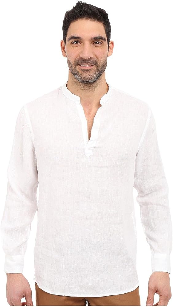 Perry Ellis Men's Long Sleeve Solid Linen Popover Shirt