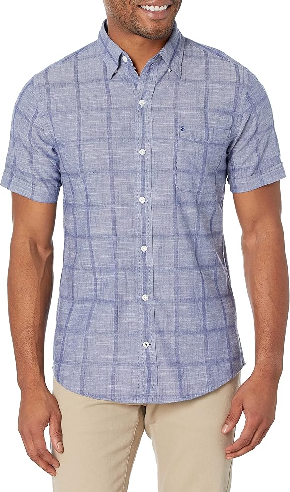 IZOD Men's Big and Tall Saltwater Short Sleeve Windowpane Button Down Shirt