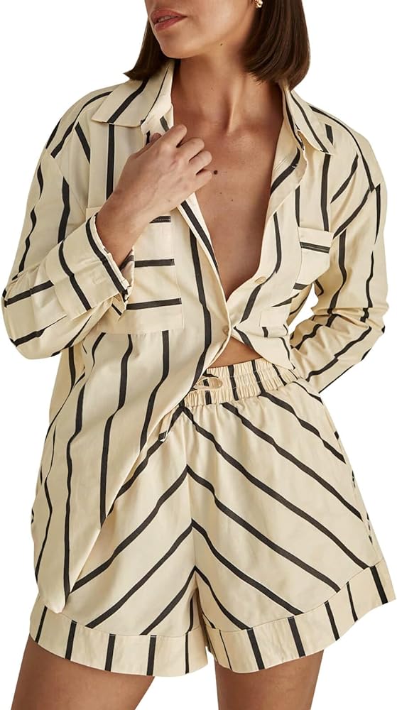 Tankaneo Womens Striped 2 Piece Outfits Button Down Shirts and Shorts Lounge Matching Sets