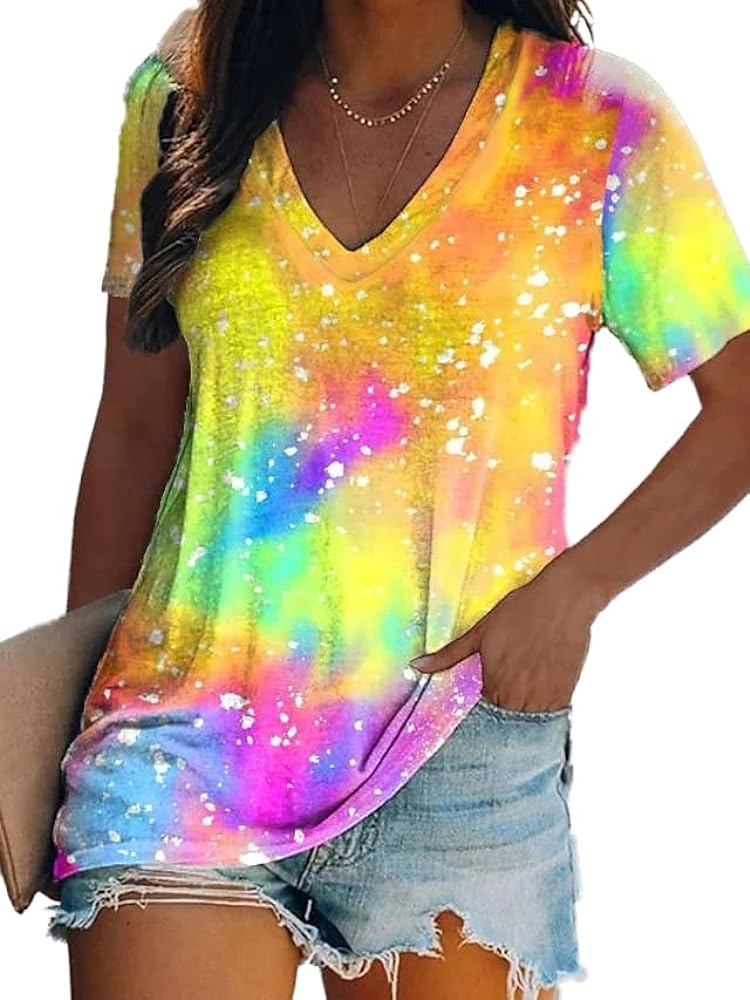 Women Tie Dye V-Neck Shirts Summer Vintage Tunic Tops Fashion Casual Swing Short Sleeve Shirts Blouse Soft Tee