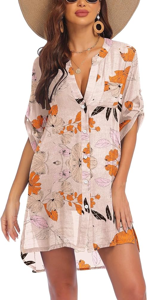 AI'MAGE Women's Swimsuit Cover Ups Shirt V-Neck Button Down Bathing Suit Coverups Beach Tunic Top S-3XL