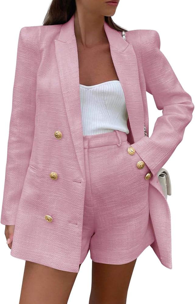 Cicy Bell Womens 2 Piece Tweed Blazer Shorts Sets Long Sleeve Double Breasted Suit Jackets Business Outfit