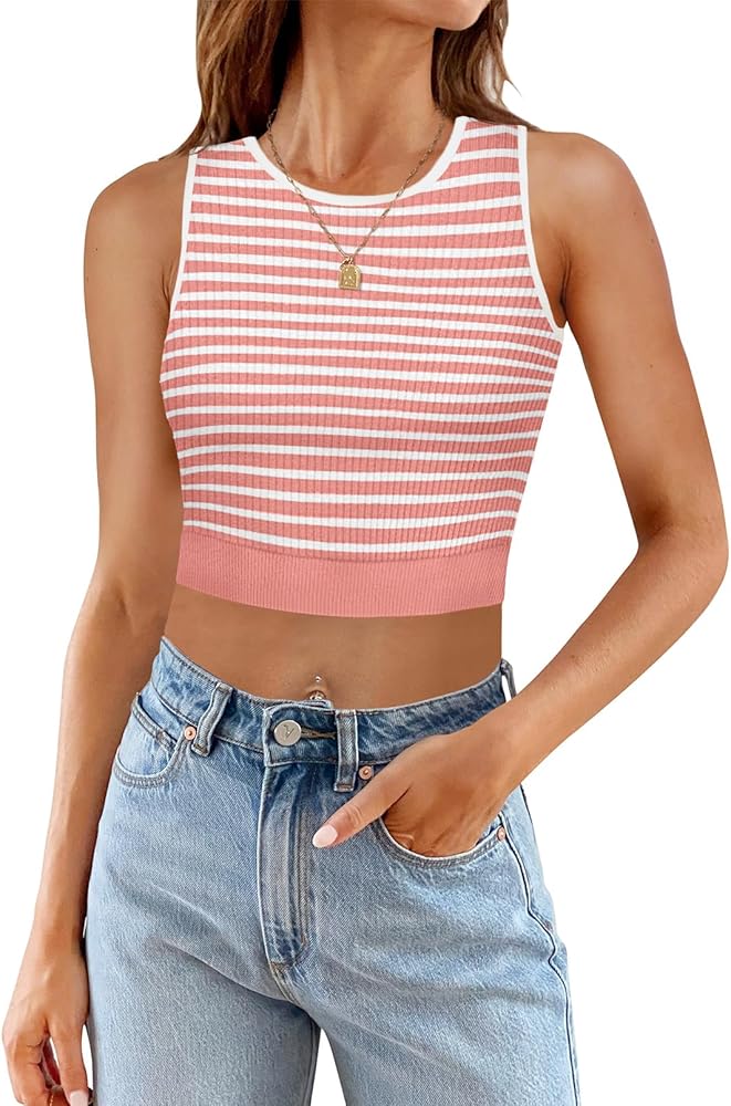 MEROKEETY Women's Ribbed Knit Crop Tank Tops Summer Y2K Striped Sleeveless Shirts