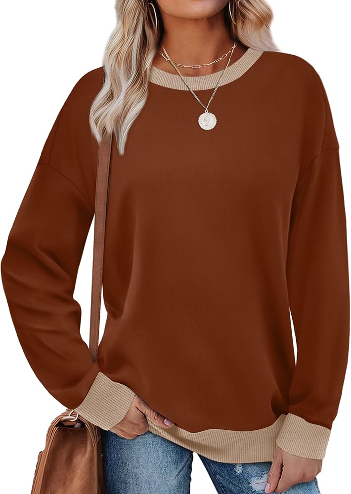 Saloogoe Sweatshirts for Women Crewneck Long Sleeve Loose Fit Tops Color Block Ribbed Trim Fashion 2024