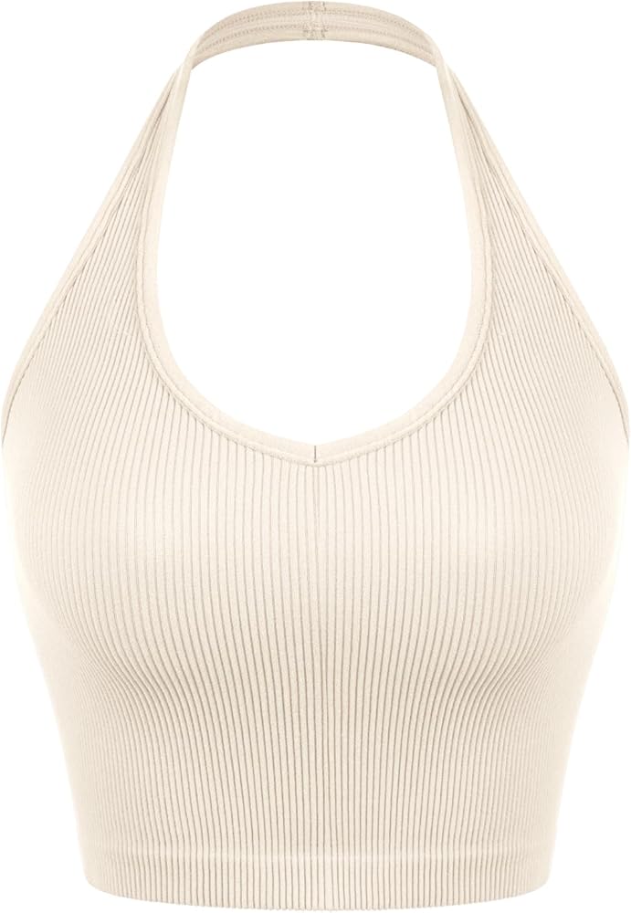 ODODOS Seamless Halter Crop Tops for Women Ribbed Soft V Neck Open Back Cropped Tank Top