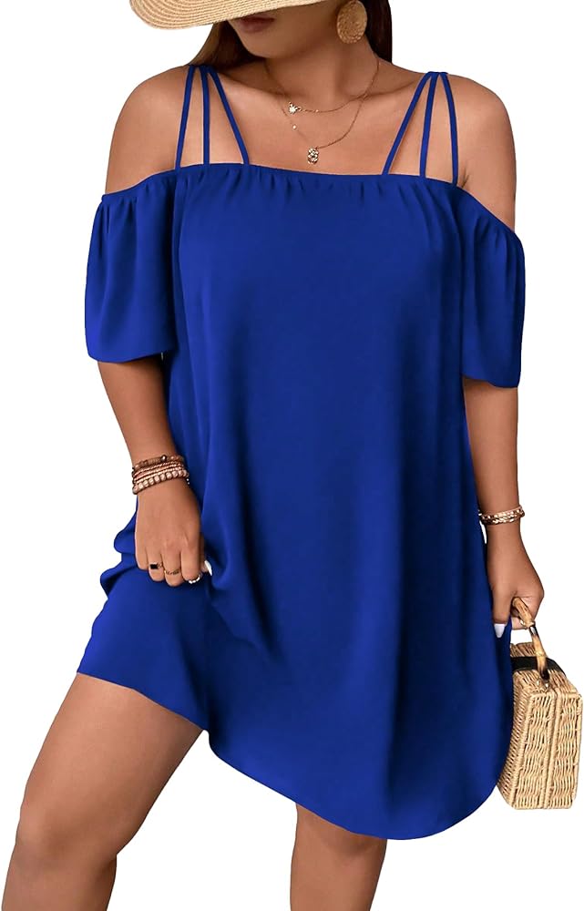 SOLY HUX Women's Plus Size Cold Shoulder Short Sleeve Tunic Dress Summer Short Dresses