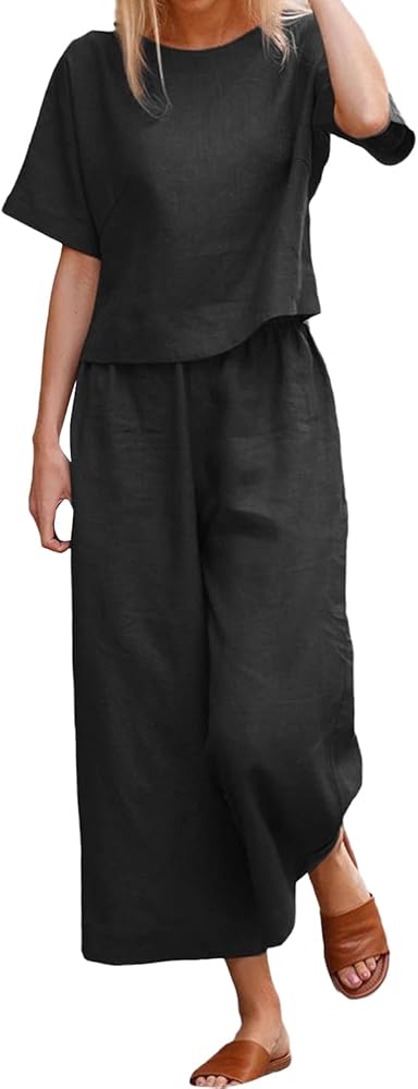 Nfsion Womens Summer 2 Piece Outfits Crewneck Half Sleeve Wide Leg Long Pants Linen Lounge Sets with Pockets