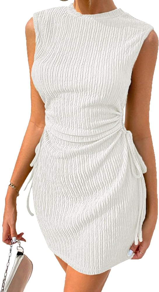 Acelitt Womens Summer Crewneck Sleeveless Cut Out Drawsting Ruched Mini Wedding Guest Dress