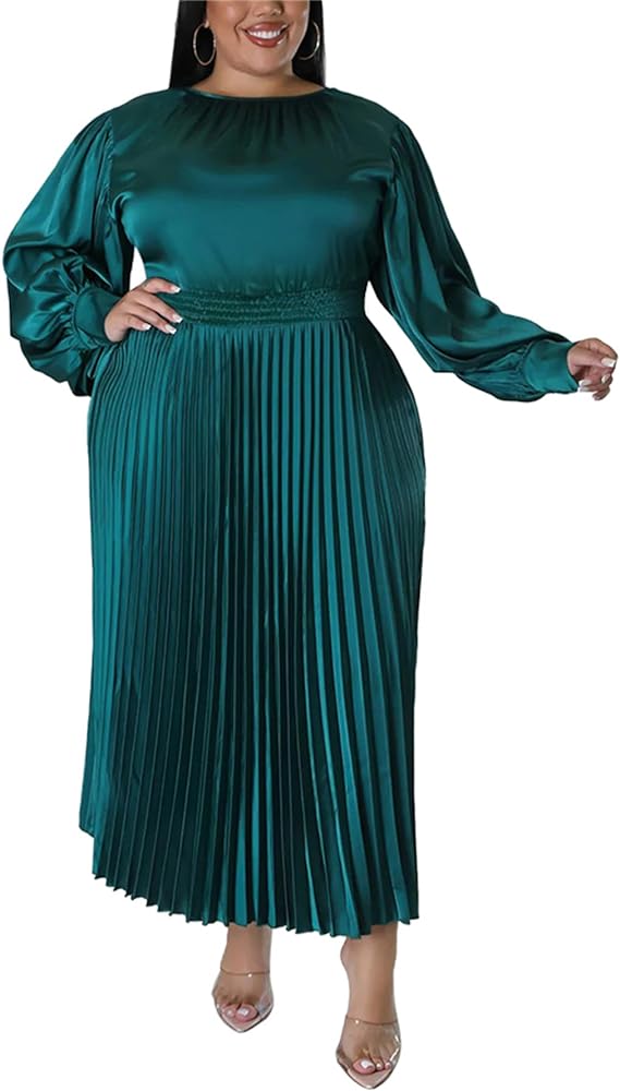 Women's Plus Size Maxi Dresses 2023 Fall Lantern Long Sleeve Flowy Swing Pleated Maxi Dresses