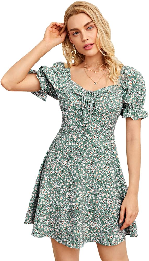 Verdusa Women's Floral Puff Short Sleeve Ruched A Line Dress V Neck Ruffle Mini Short Dresses