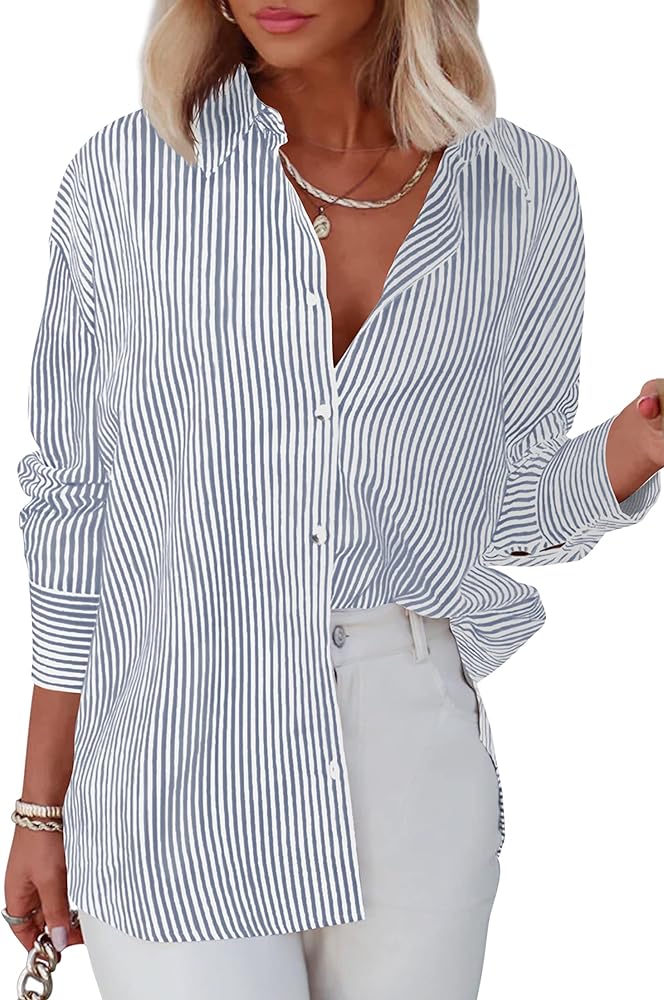 Diosun Womens Striped Button Down Shirts Classic Long Sleeve Stylish Collared Office Work Blouses Tops