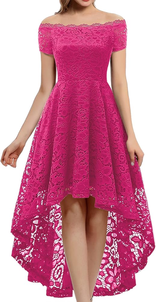 Dressystar Women's Lace Cocktail Dress Hi-Lo Off Shoulder Bridesmaid Swing Formal Party Dress