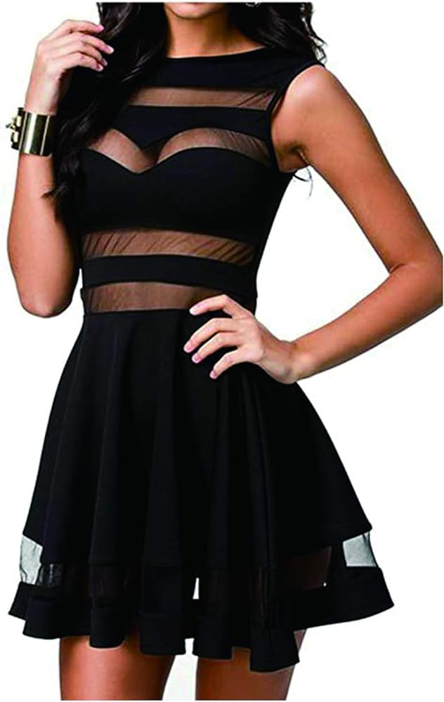 Zeagoo Sexy Mini Skater Dress Mesh See Through Party Club Little Black Dress