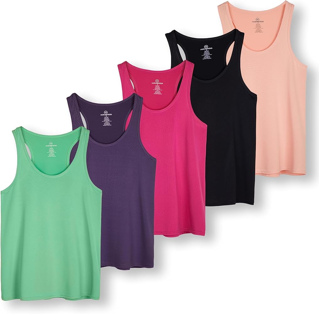 Real Essentials 5-Pack Women's Racerback Tank Top Dry-Fit Athletic Performance Yoga Activewear (Available in Plus Size)