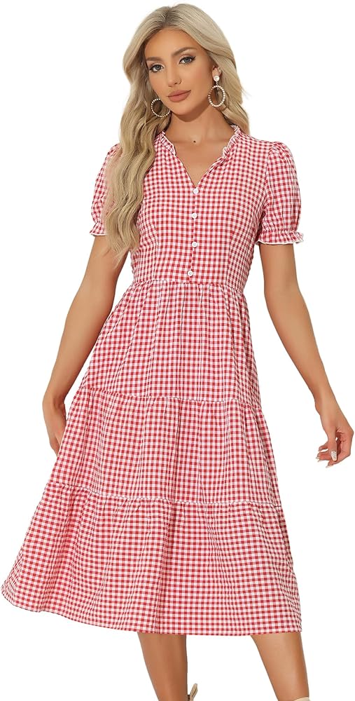 Allegra K Gingham Dress for Women's 2024 Summer Ruffle Trim V Neck Button Decor Flowy Midi Dresses