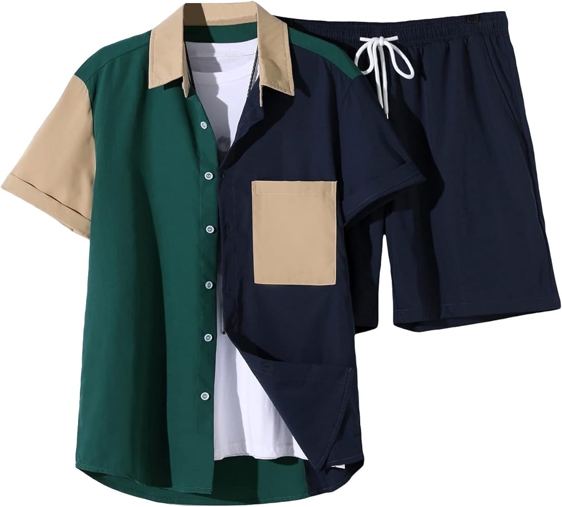 Floerns Men's Two Piece Outfit Printed Shirt Top and Drawstring Waist Shorts Set