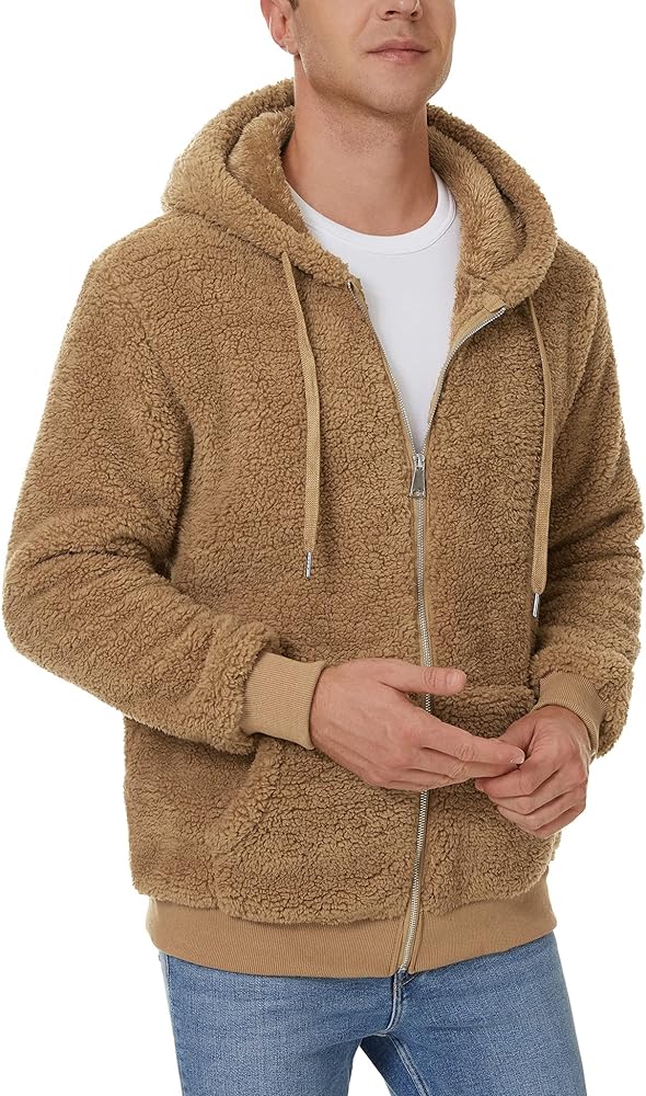 iWoo Men's Fuzzy Sherpa Hoodie Sweatshirt Long Sleeve Full Zip Soft Fleece Jackets Winter Hooded Outwear