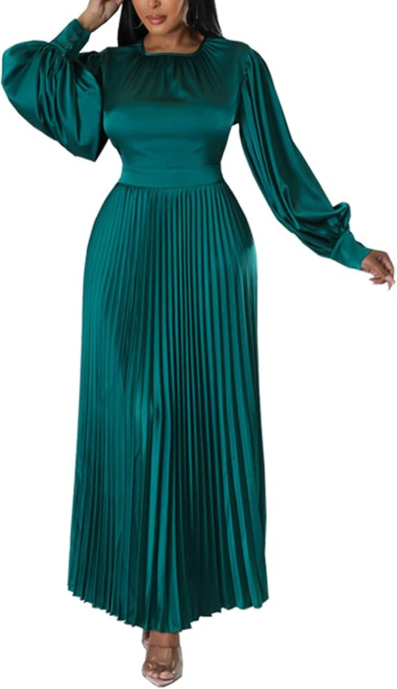 xxxiticat Women's Pleated Satin Party Dress Long Lantern Sleeve Maxi African Dresses