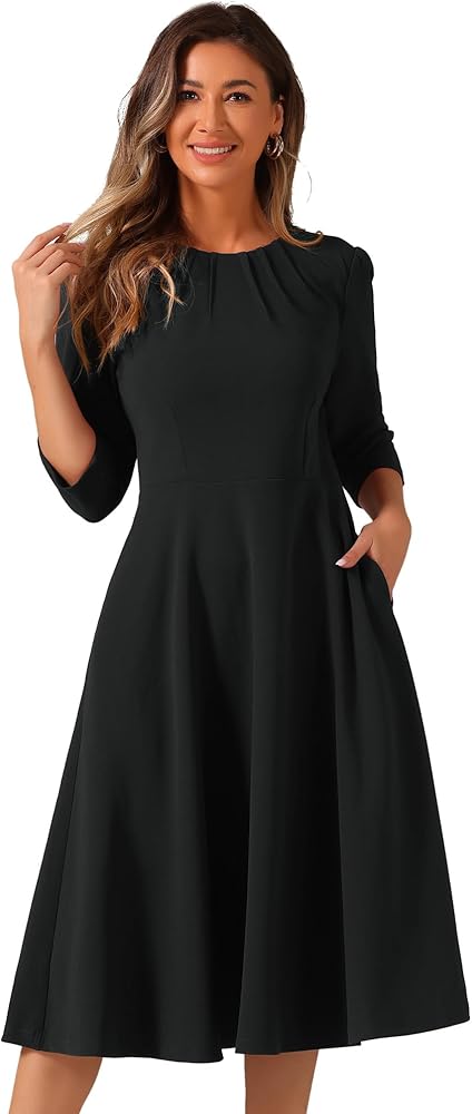 Allegra K Elegant Work Dress for Women's 3/4 Sleeve Round Neck Pockets Vintage A-Line Swing Midi Dress