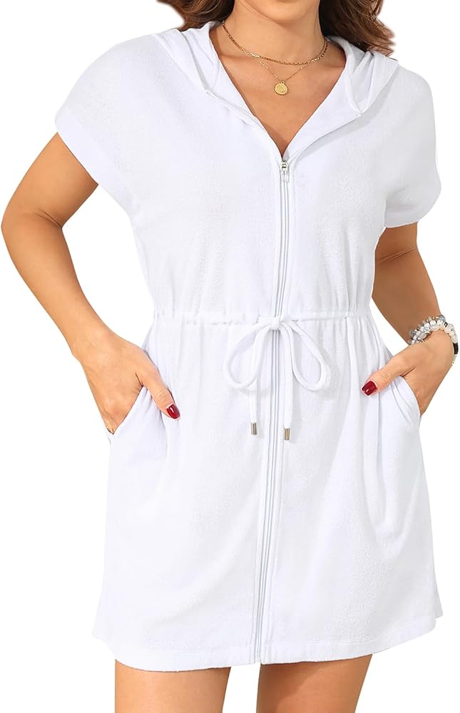 Yonique Terry Cloth Cover Ups - Hooded Cotton Swim Sun Cover-up with Zipper Pockets Beach Swimsuits