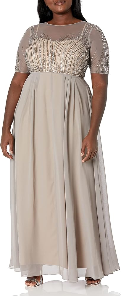 Adrianna Papell Women's Beaded Long Dress with Illusion Neck