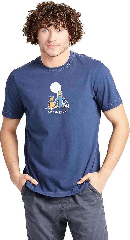 Life is Good. Mens Crusher Tee Jake and Rocket Moon, Darkest Blue-L