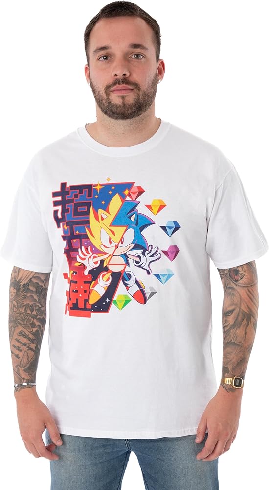 Sonic The Hedgehog Mens Short Sleeve T-Shirt | Adults Super Sonic Diamonds White Graphic Tee | Nostalgic 90s Gamer Apparel