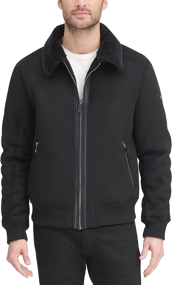 DKNY Men's Shearling Bomber Jacket with Faux Fur Collar