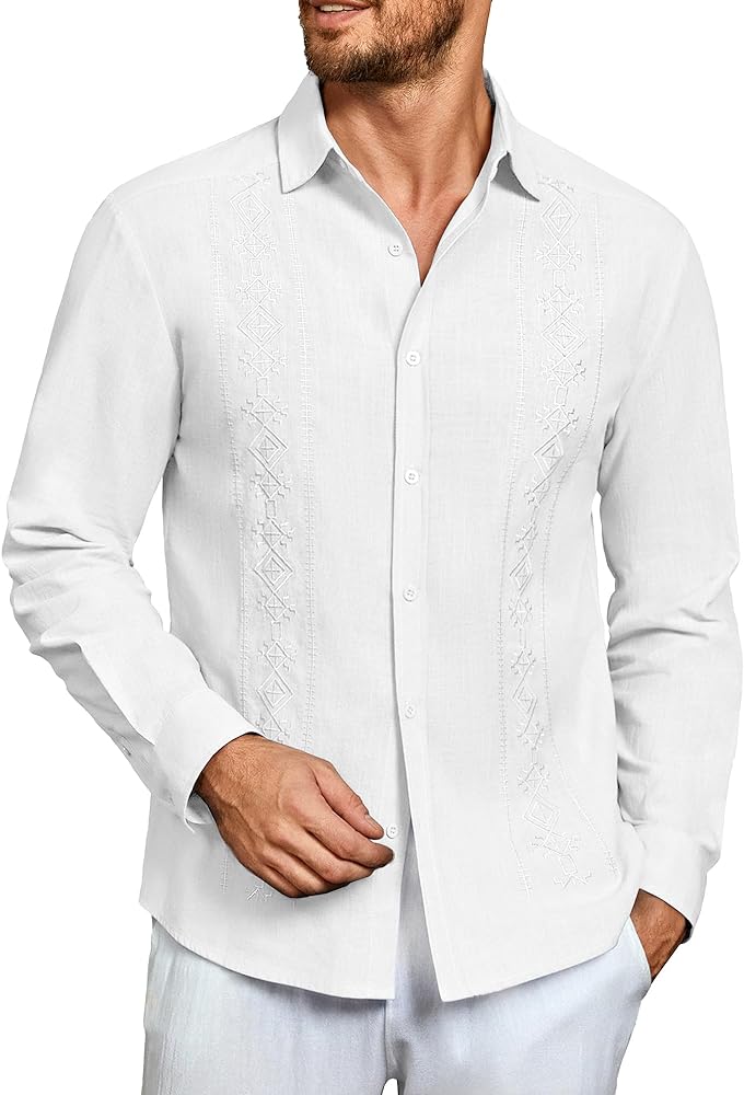 Makkrom Men's Casual Cotton Linen Button Down Shirts Cuban Guayabera Shirt Long Sleeve Summer Beach Tops