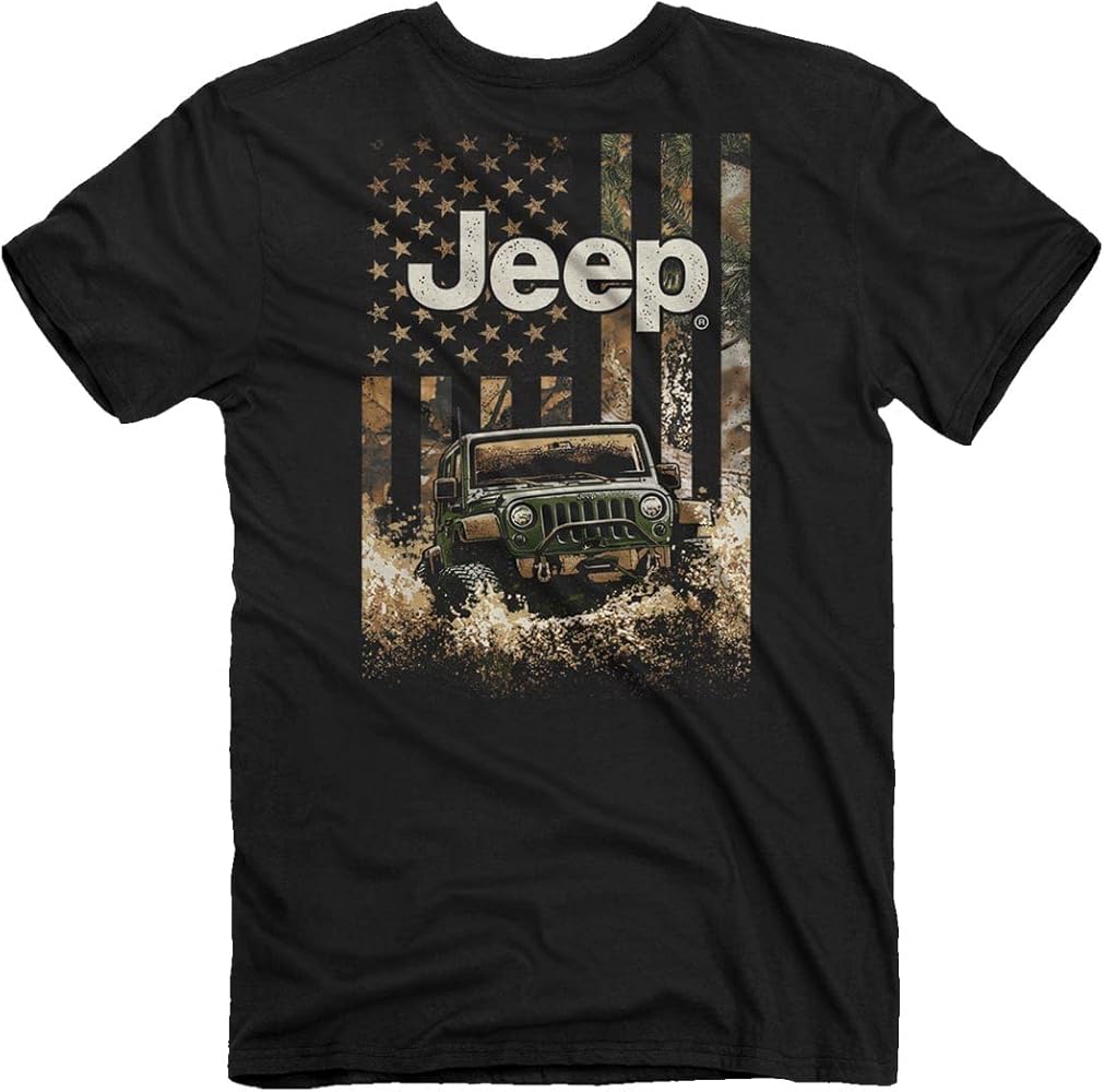 Jeep Freedom Outdoors Men's Short Sleeve T-Shirt, Black | American Flag, Wrangler Rubicon Design | 100% Ringspun Cotton,Black