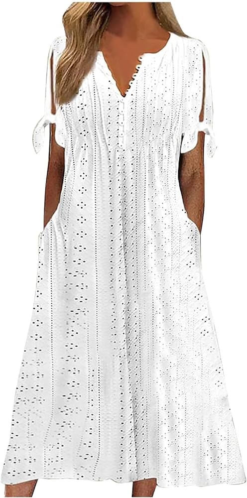 Ceboyel Womens Eyelet Casual Summer Dress Boho Embroidery Maxi Dresses Pleated Long Dress Vacation Trendy Clothing 2024