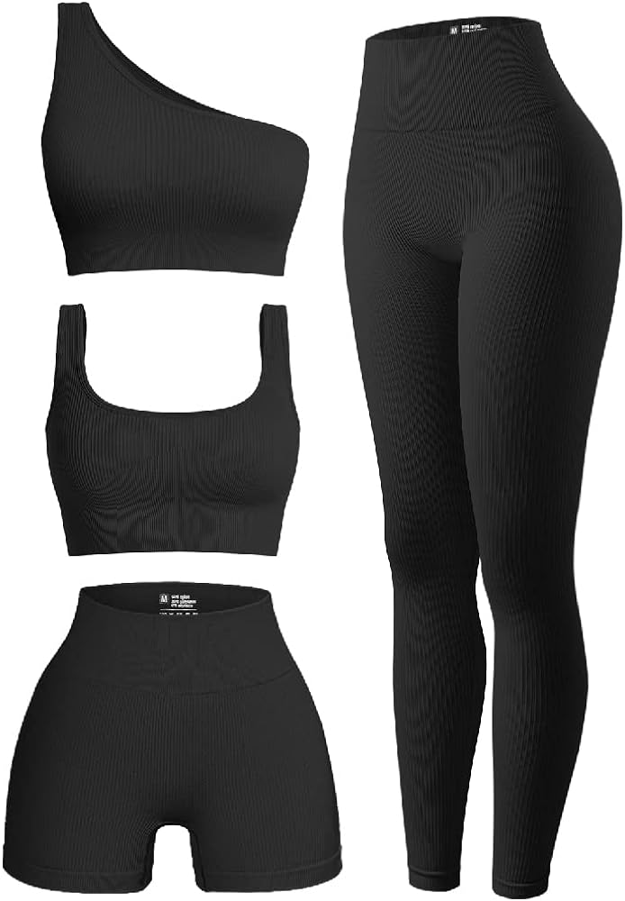 OQQ Women's 4 Piece Outfits Ribbed Exercise Scoop Neck Sports Bra One Shoulder Tops High Waist Shorts Leggings Active Set