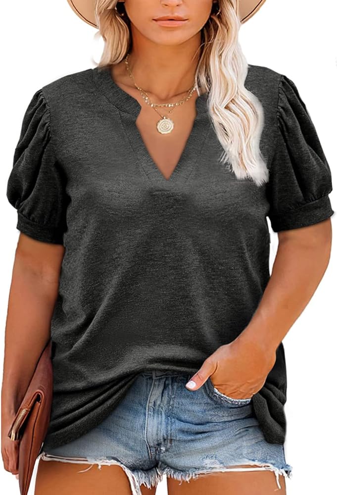 Eytino Womens Plus Size Tops V Neck Puff Short Sleeve Summer Loose Casual Solid Tees Shirts(1X-5X)