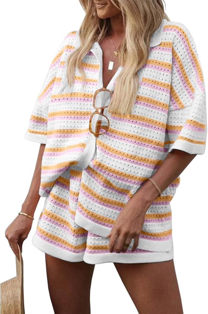 Flygo Striped Crochet Pajama Sets for Women 2 Piece Lounge Sets Short Sleeve Knit Button Tops Drawstring Shorts Outfits