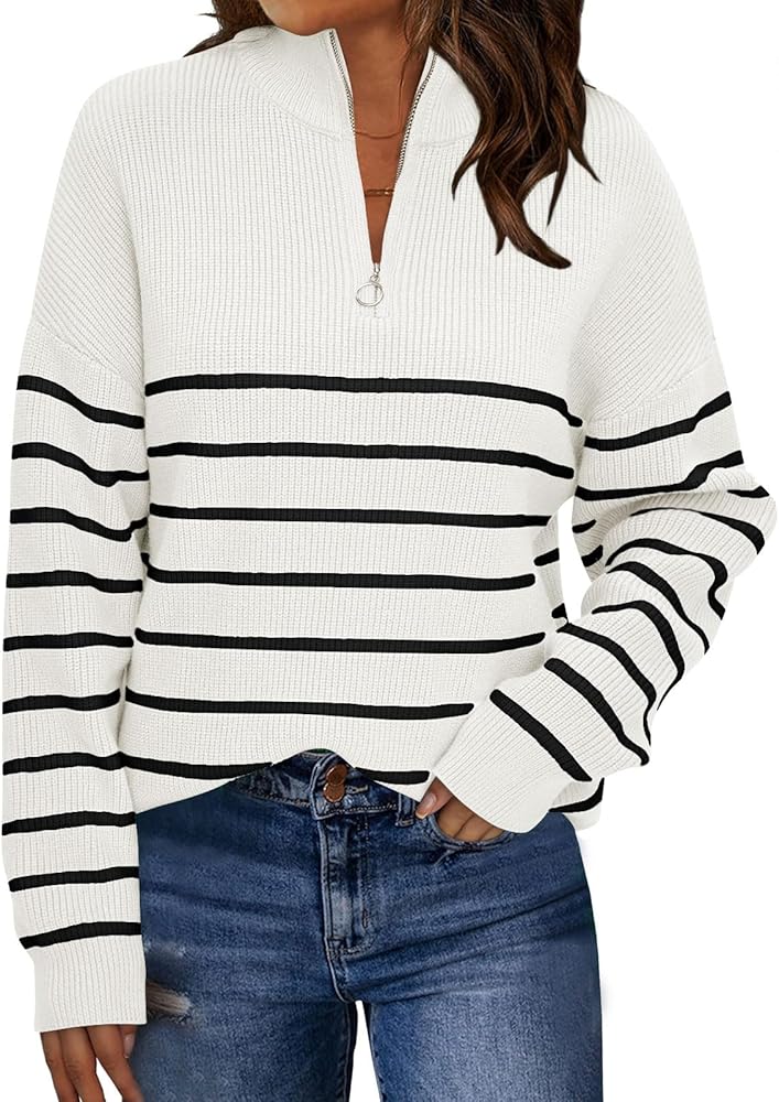 LILLUSORY Women's Quarter Zip Striped Oversized Collar Pullover Sweater Knit Warm Clothes for Winter 2024 Trendy