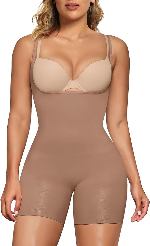 SHAPERX Women's Open Bust Tummy Control Shapewear Bodysuit Seamless Mid-Thigh Body Shaper for a Snatched Waist