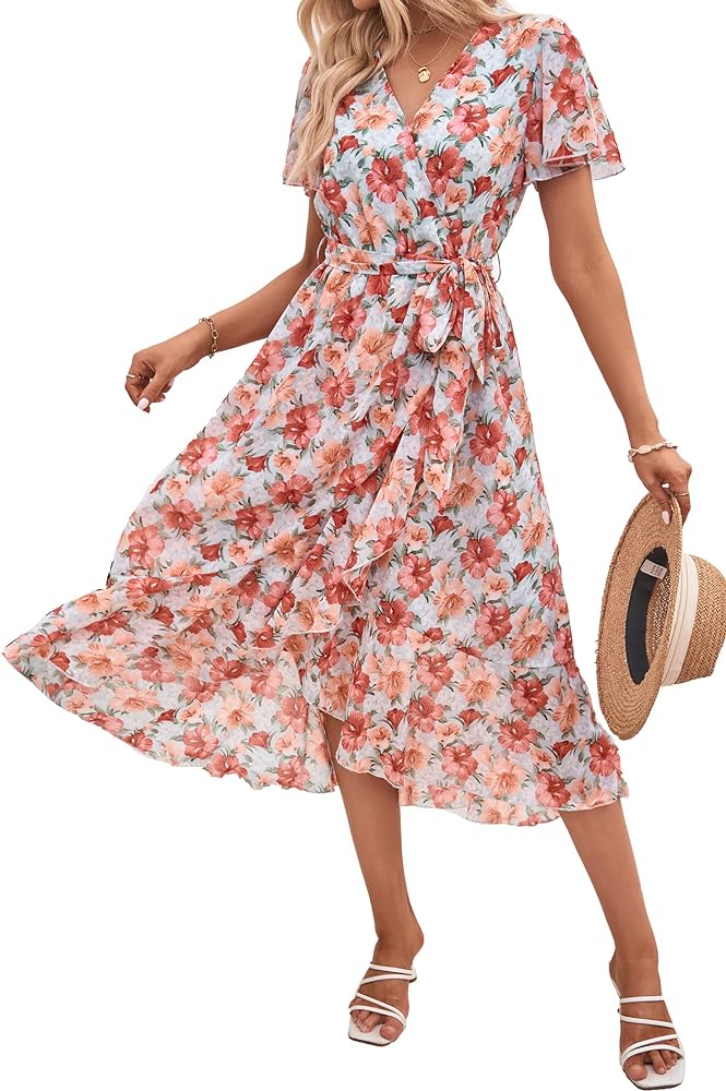 PRETTYGARDEN Women's 2024 Floral Boho Dress Wrap V Neck Short Sleeve Belted Ruffle Hem A-Line Flowy Maxi Dresses