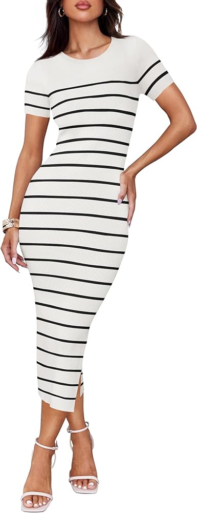 ZESICA Women's Summer Bodycon Midi Dress 2024 Striped Short Sleeve Ribbed Knit Slim Fit Side Slit T Shirt Dresses