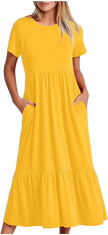 Women's Summer Casual Short Sleeve Crewneck Long Dress Solid Flowy Tiered Maxi Beach Dress with Pockets